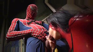 Spider-themed guy silences brunette MILF, who enjoys rough sex.